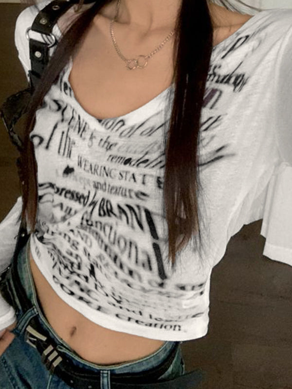 Blurred Letter Print V Neck Long Sleeve Tee
