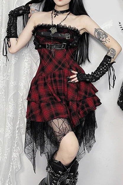 Dark Gothic Red Plaid Strapless Bag Hip Mini Dress