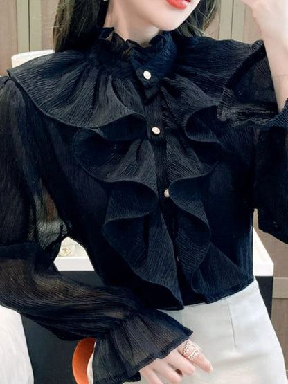 Ruffled Flare Sleeve Mesh Blouse