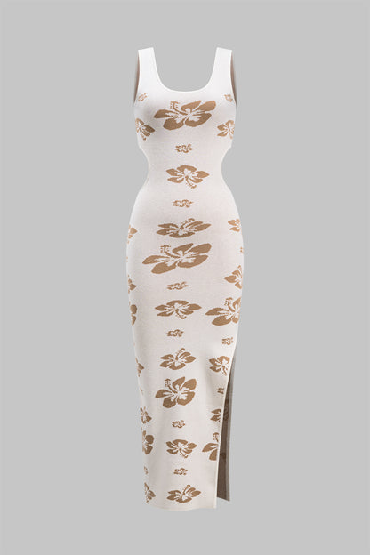 Knit Floral Print Cut Out Slit Sleeveless Dress