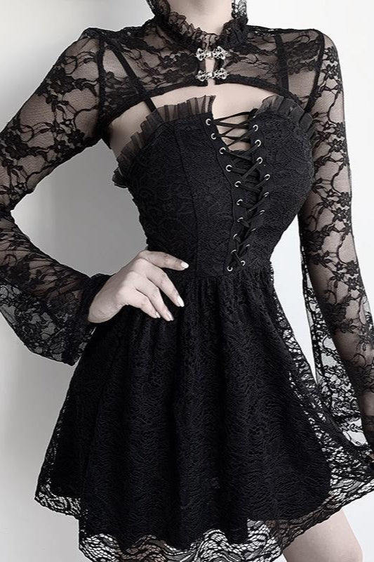 Black Ruffled Bell Sleeve Mesh Top
