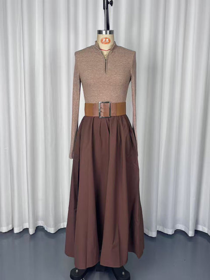 Half Zip Ribbed Knit Patchwork Belted Long Sleeve A-Line Maxi Dress For Women 2026