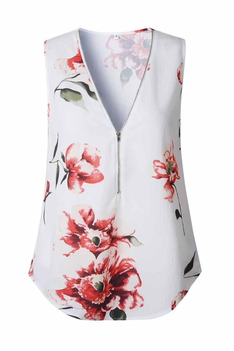 Summer Fashion Zipper Design Floral Tank Top