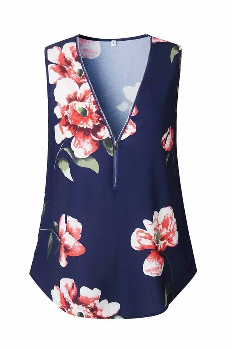 Summer Fashion Zipper Design Floral Tank Top