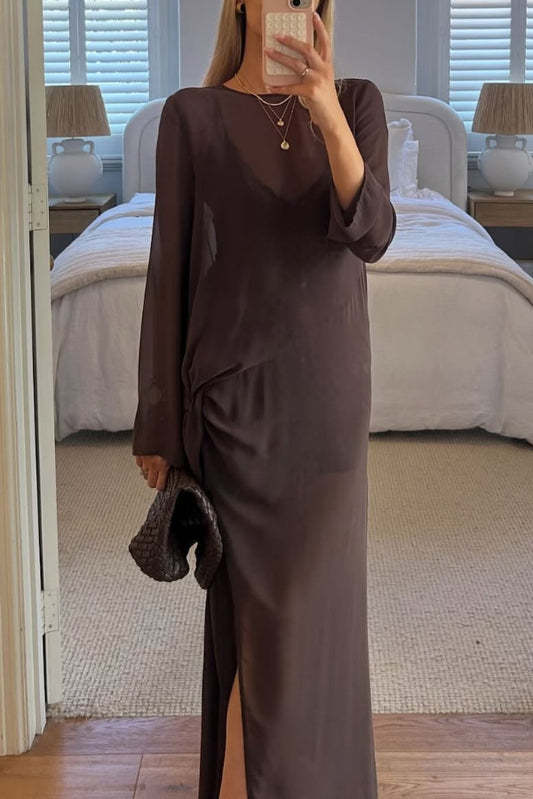 Fashionable Mesh See-through Round Neck Long Sleeve Tie Bow Slit Maxi Dress