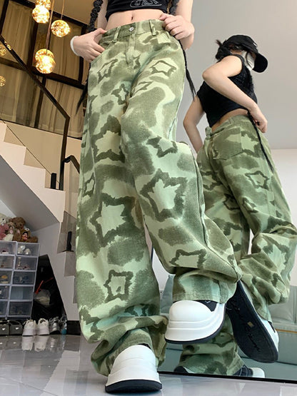 Green Camouflage Work Clothes Boyfriend Jeans
