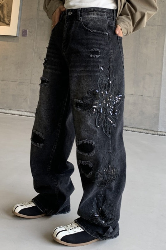Black Washed Graffiti Faux Ripped Relaxed Straight Jeans