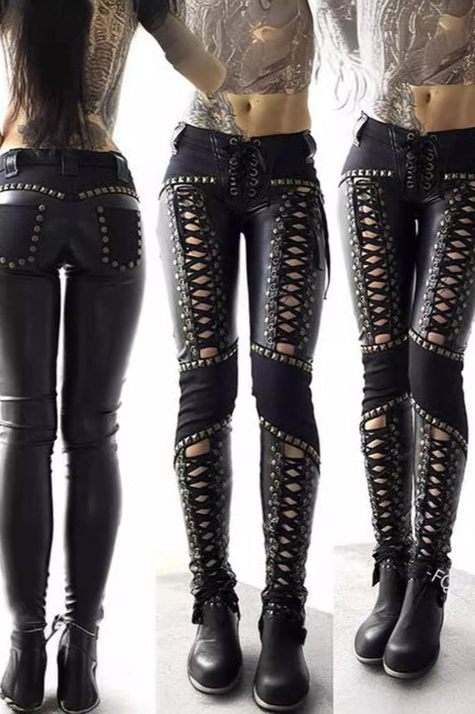 Punk Faux Leather Strappy Skinny Pants