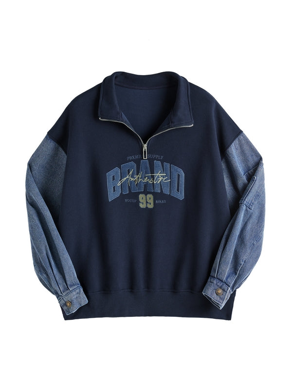 Denim Splice Letter Print Lapel Neck Oversized Hoodie