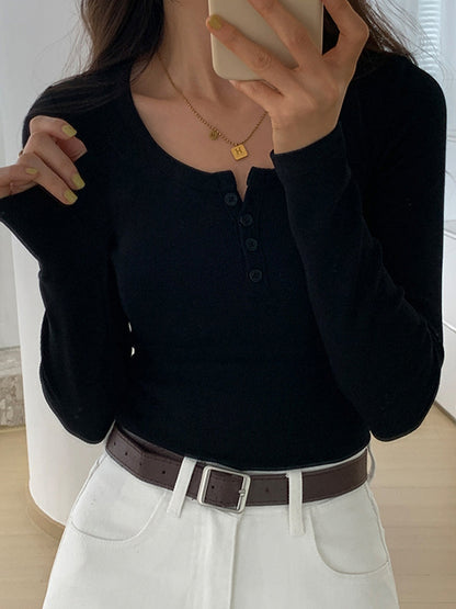 Solid Color Rib High Elastic Breasted Long Sleeve Knit