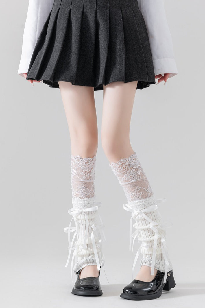 Lace Patchwork Bow Slouchy Leg Warmers