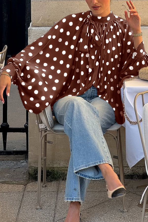 Polka Dot Print Tie-waist Lantern Sleeve Elegant Loose Shirt