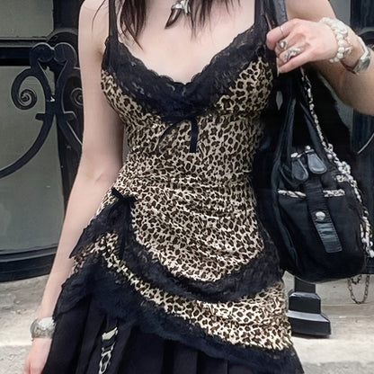 Y2K Leopard Print Cami Top with Lace Trim and Bow Detail, V-Neck, Polyester Blend - Stylish Tank