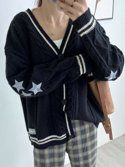 Oversize Star Embroidered Cable Knit Cardigan