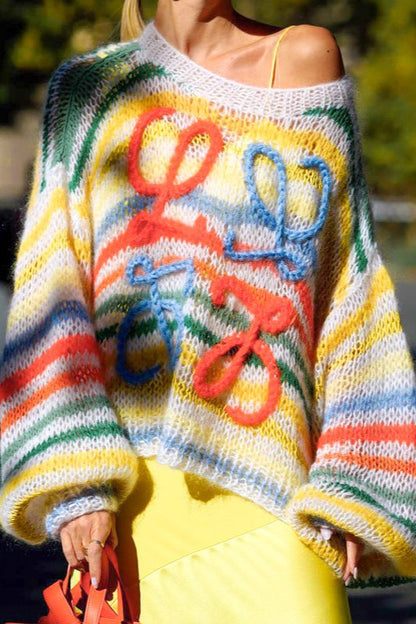 Trendy Color Block Stripe Loose Knit Sweater