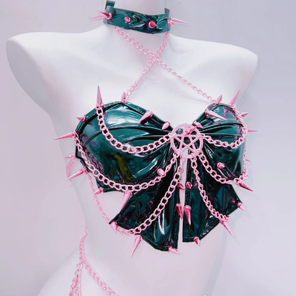 Metal chain rivet applique cross front pant set  | Festival Outfits Women