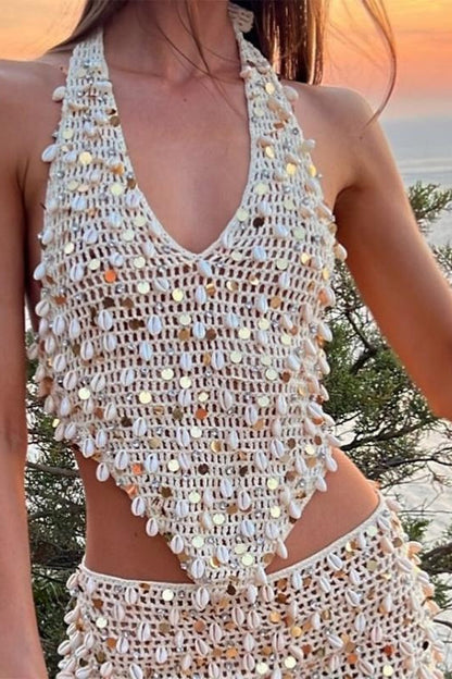 Beaded Shell Applique Crochet Halter Top Bodycon Mini Skirt Set