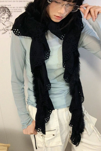 Y2K Furry Lace Trim Warm Layering Scarf