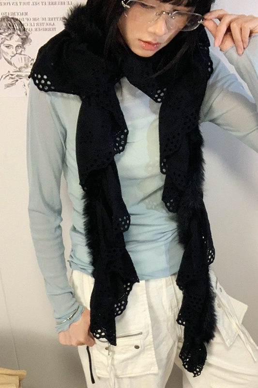 Y2K Furry Lace Trim Warm Layering Scarf