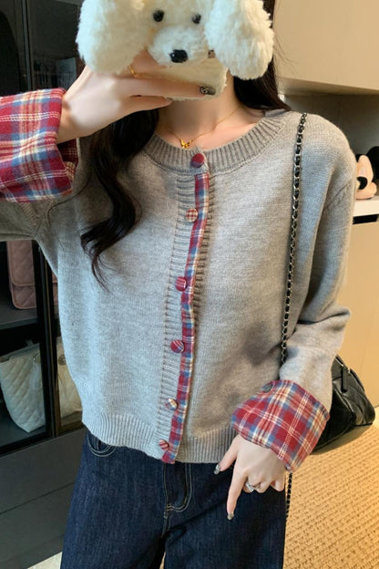 Red Plaid Contrast Round Neck Cardigan