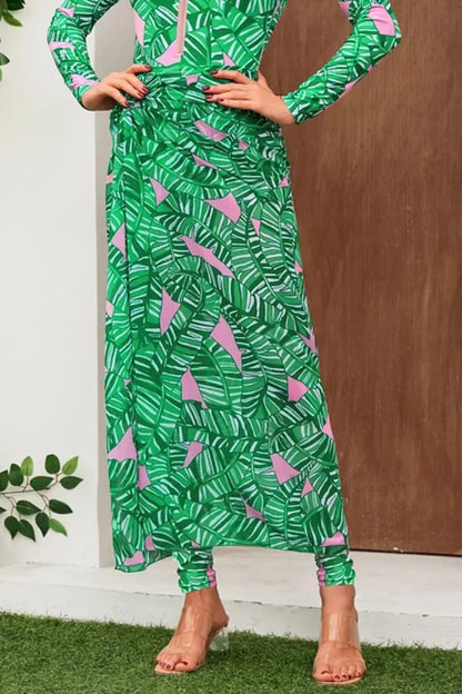 Traje de baño de surf estampado de manga larga con cremallera verde