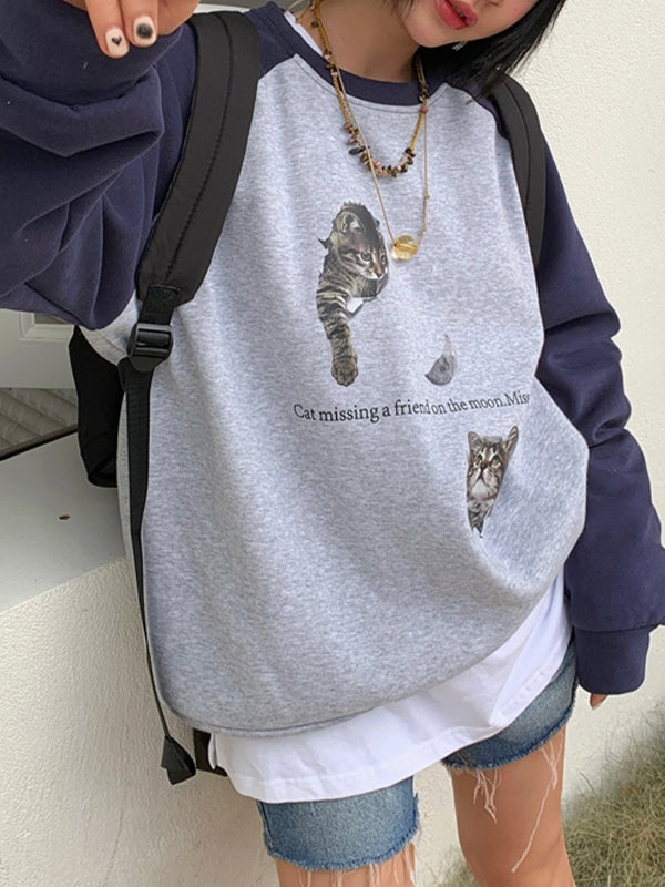 Cat Print Raglan Fleece Oversized Hoodie