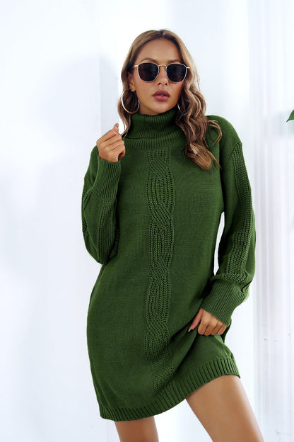 Cable Knit Turtleneck Sweater Dress