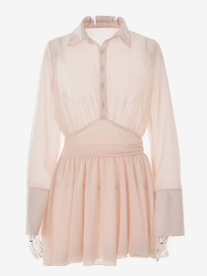 Skater Dresses Turndown Collar Long Sleeves Sexy Mini Dress