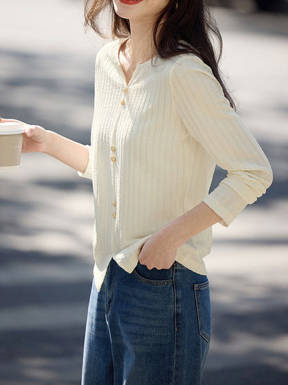 Mariah Elegant Crew Neck Textured Button Top