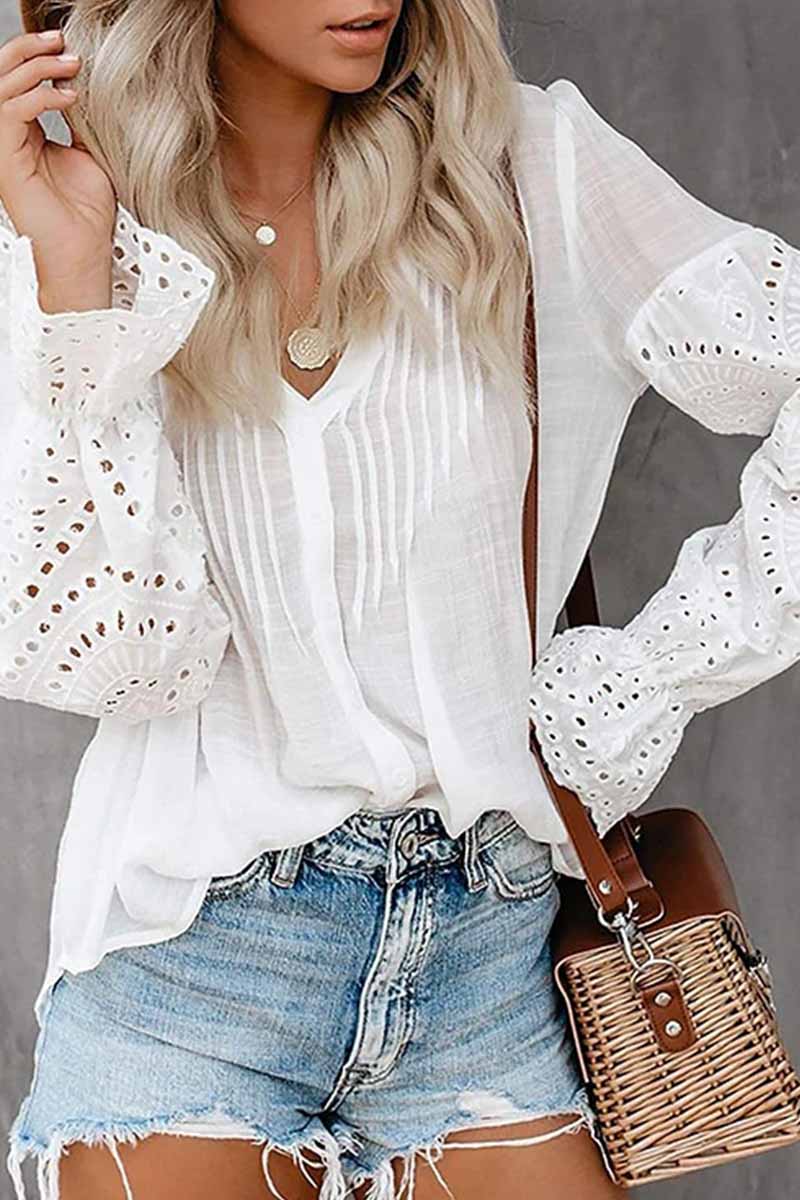 V-Neck Single Breasted Loose Flared Long Sleeves Tops