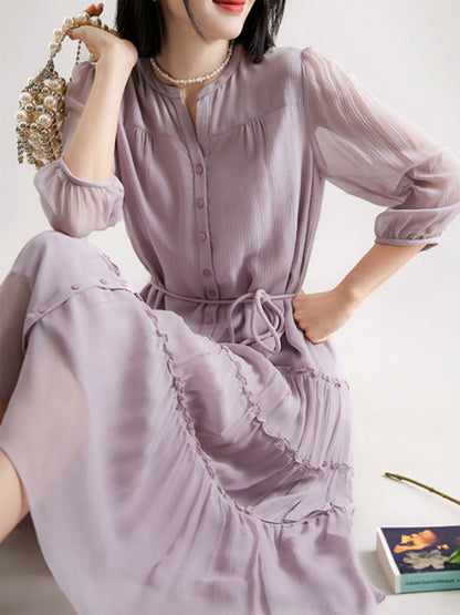 Sophie Elegant Pleated Tie Dress-Blue