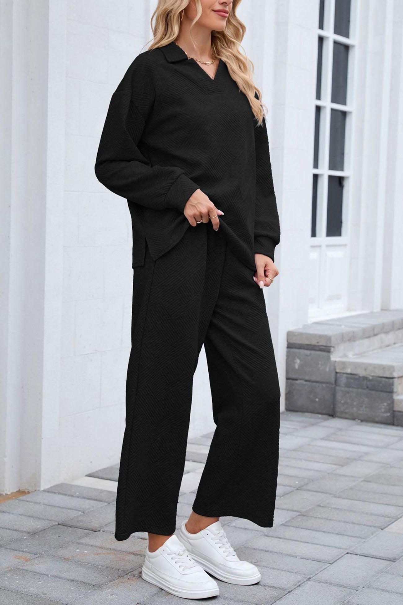 Lapel Long Sleeve Textured Sweashirt Set