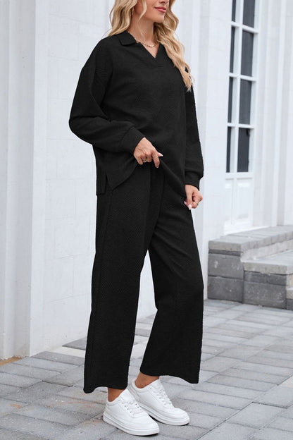 Lapel Long Sleeve Textured Sweashirt Set