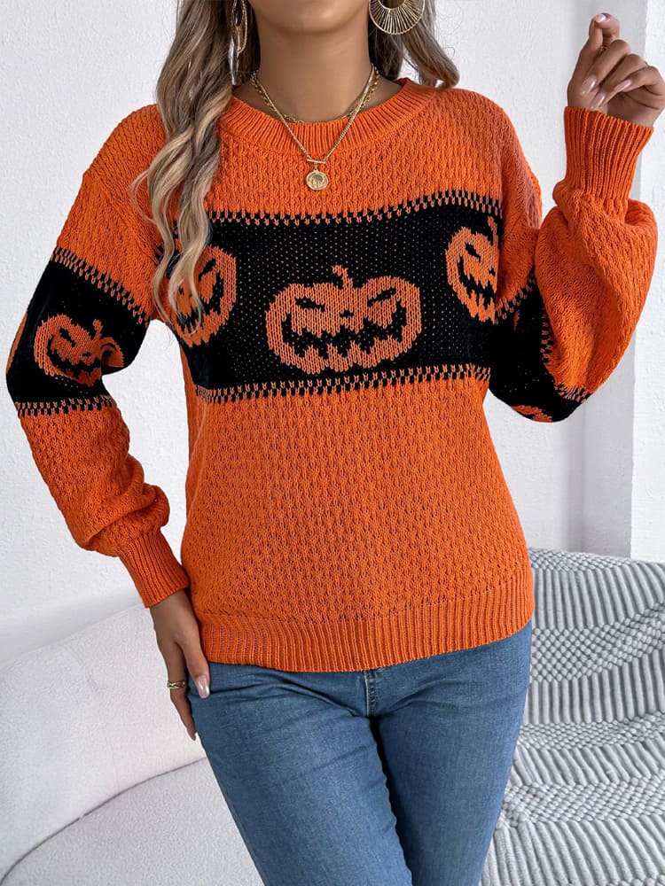 Suéter de punto con cuello redondo y bloques de color con cabeza de calabaza de Halloween 