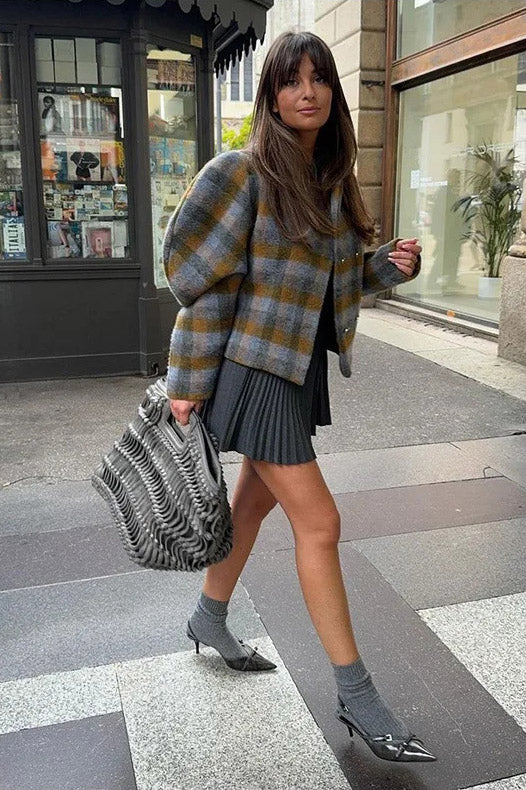 Chaqueta de cuadros con mangas abullonadas