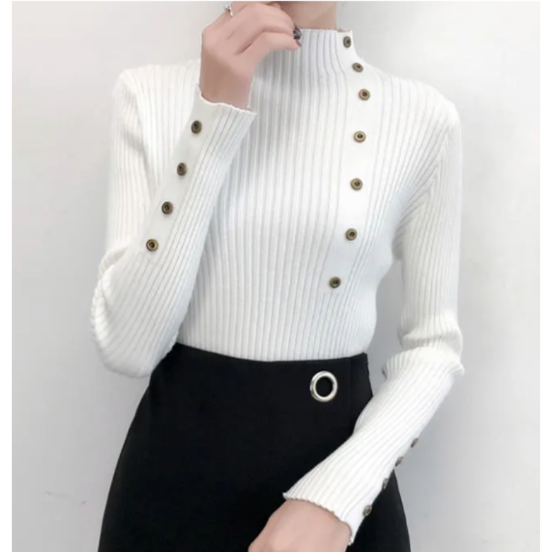 Jersey de cuello alto ajustado de punto elástico para mujer con botones | Ideal para otoño/invierno