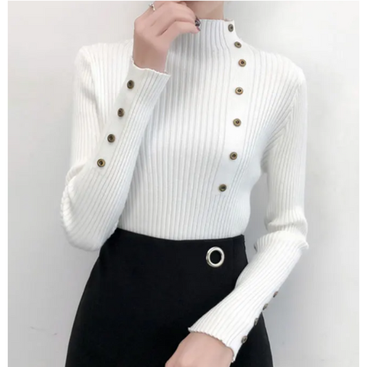 Jersey de cuello alto ajustado de punto elástico para mujer con botones | Ideal para otoño/invierno
