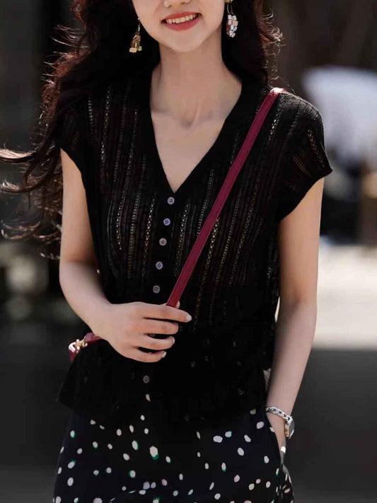 Rachel Classic V-Neck Solid Color Hollowed Knitted Top