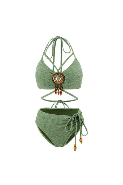 Conjunto de bikini bohemio verde salvia para mujer