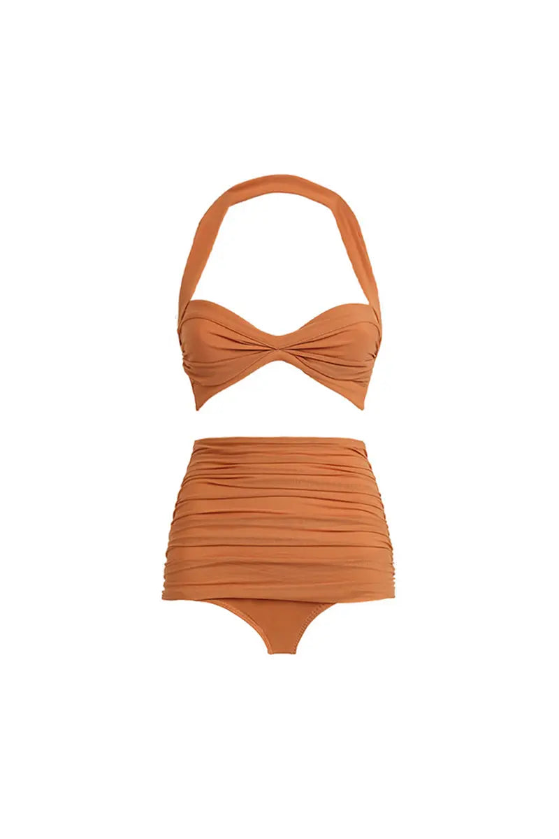 Conjunto de bikini vintage de patchwork de malla con cuello halter