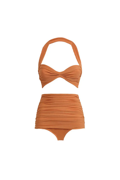 Conjunto de bikini vintage de patchwork de malla con cuello halter