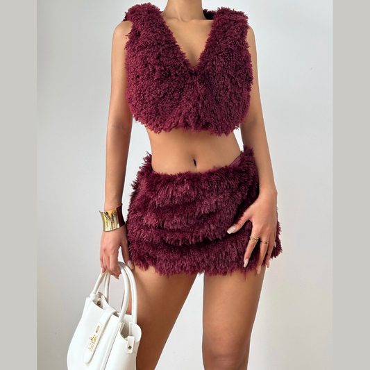 Hoodie backless self tie fluffy mini skirt set  | Festival Outfits Women