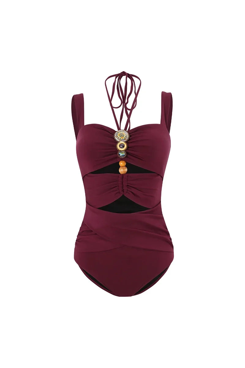 Conjunto de traje de baño con recortes de cuentas estilo bohemio burdeos