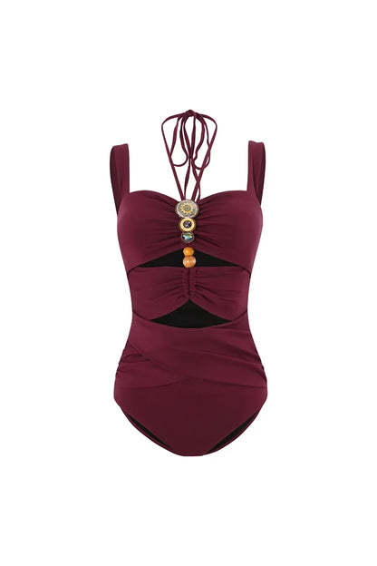 Conjunto de traje de baño con recortes de cuentas estilo bohemio burdeos