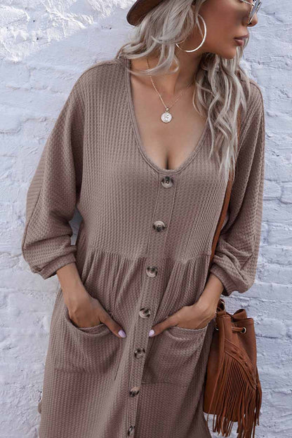 V-Neck Buttoned Loose Knit Hem Mini Dresses