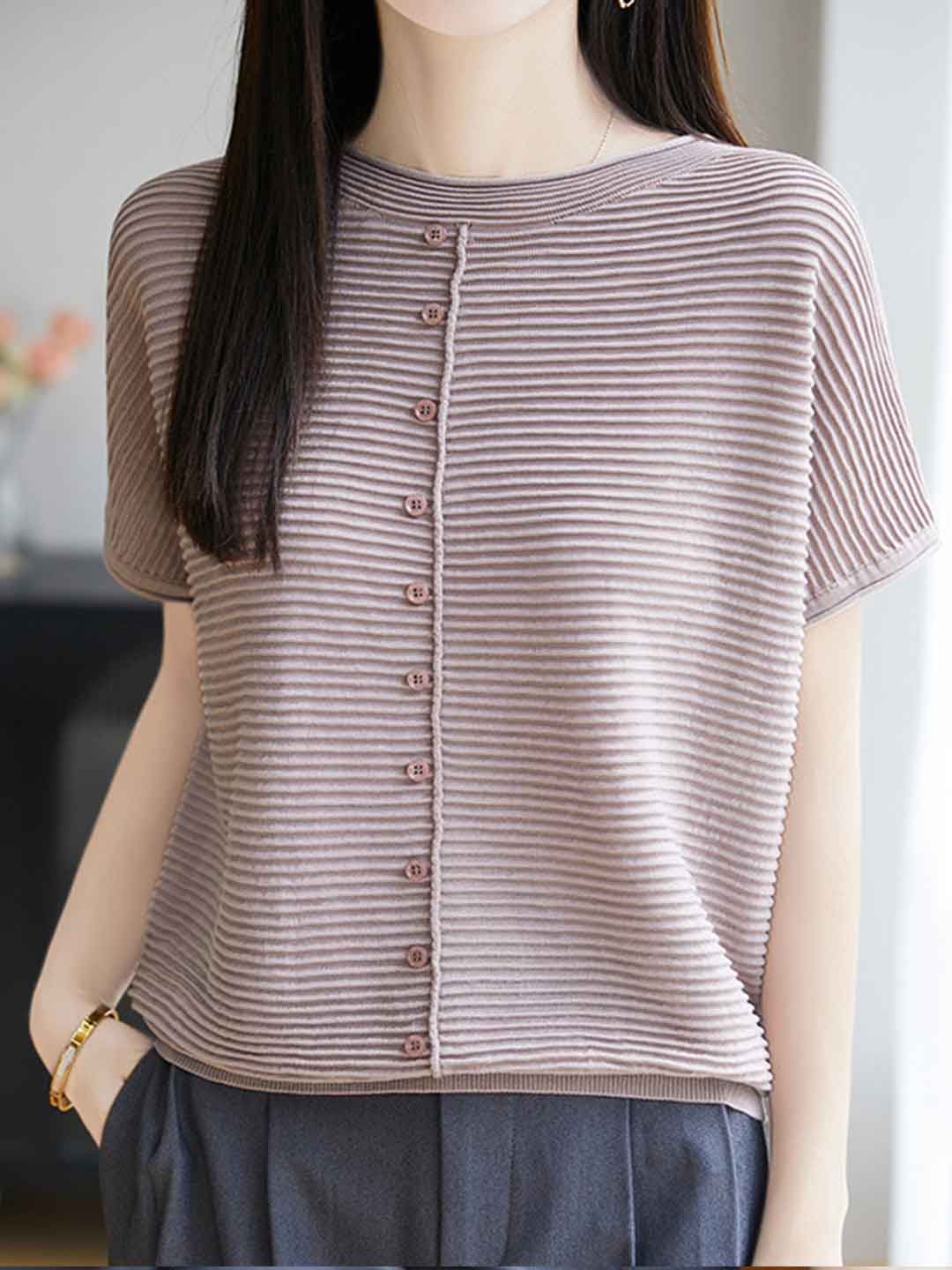 Khloe Classic Crew Neck Striped Solid Color Knitted Top