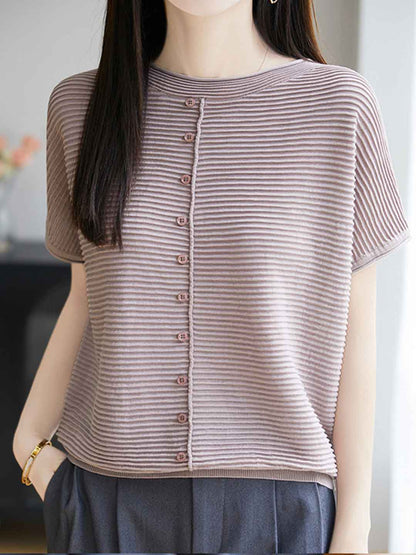 Khloe Classic Crew Neck Striped Solid Color Knitted Top