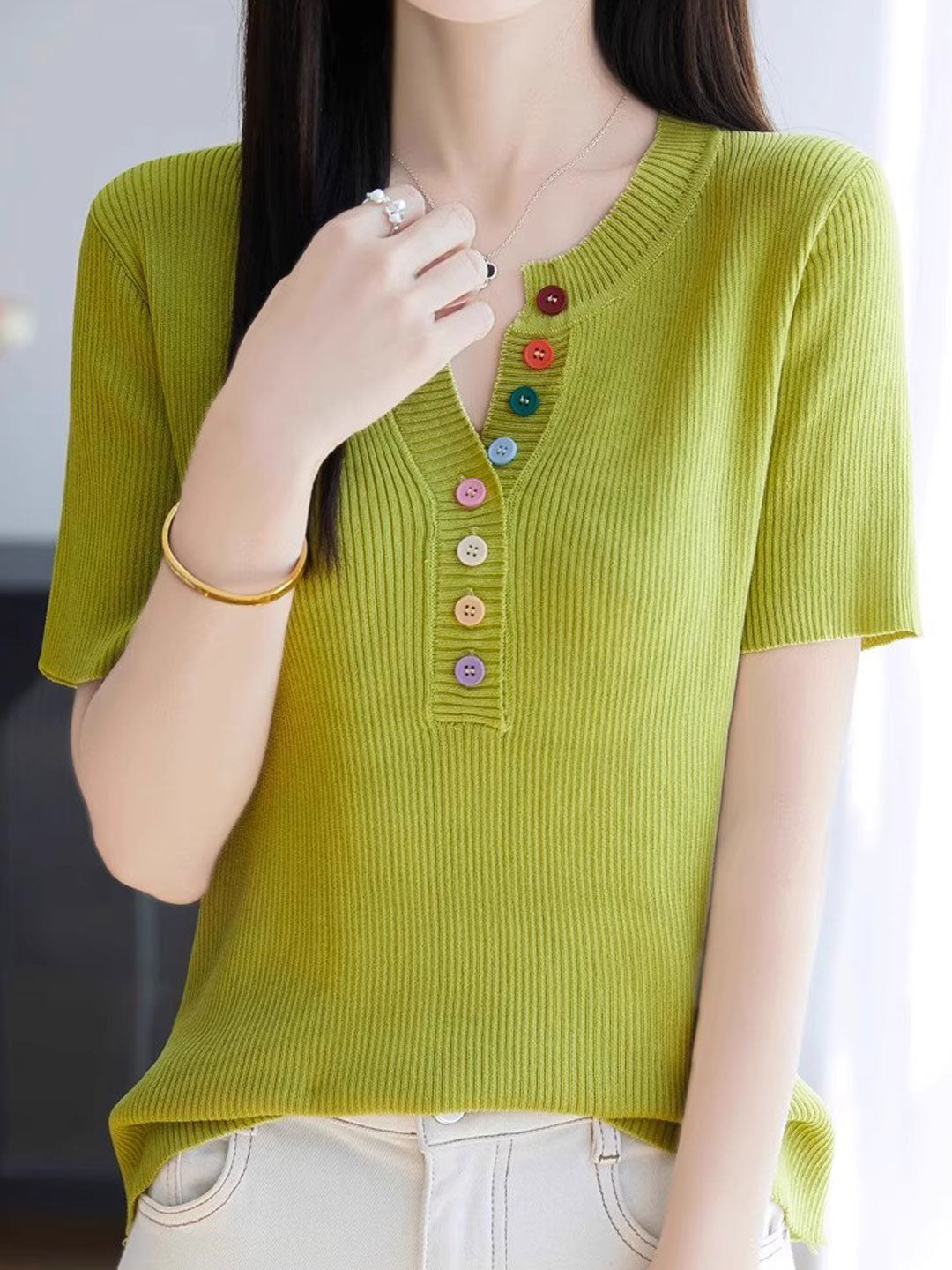 Mariah Loose Color Button Solid Color Top