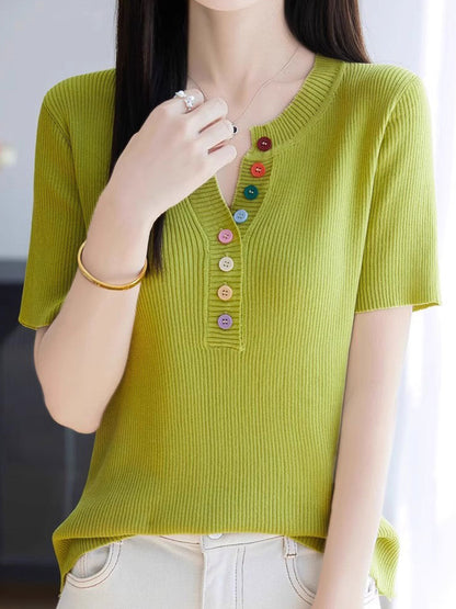 Mariah Loose Color Button Solid Color Top