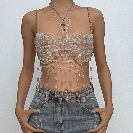 Halter metal chain beaded tassels cami top  | Festival Outfits Women